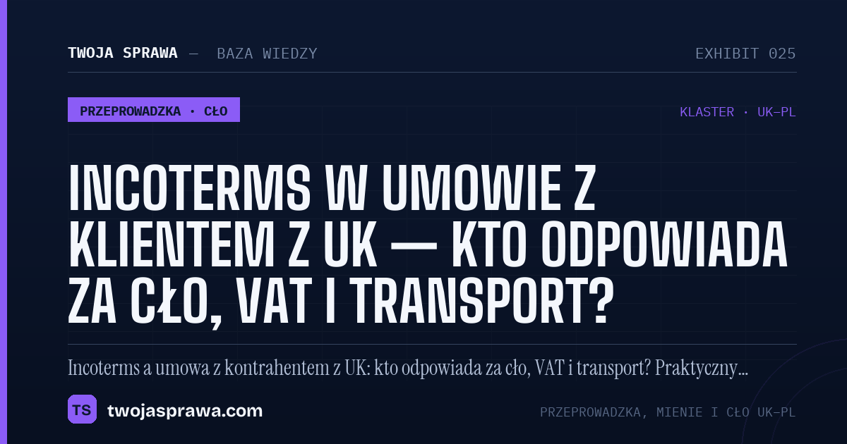 Incoterms w umowie z klientem z UK — kto odpowiada za cło, VAT i transport? — infografika | Twoja Sprawa
