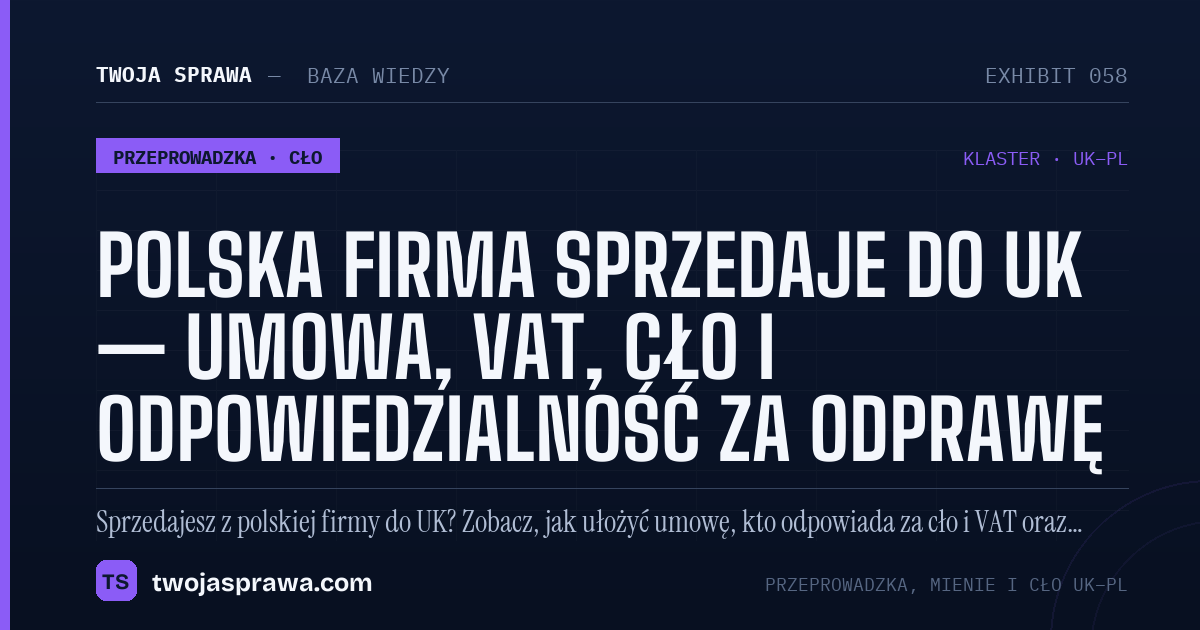 Polska firma sprzedaje do UK — umowa, VAT, cło i odpowiedzialność za odprawę — infografika | Twoja Sprawa